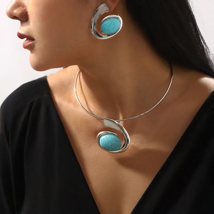 Retro Turquoise Geometric Jewelry Set – Necklace & Earrings